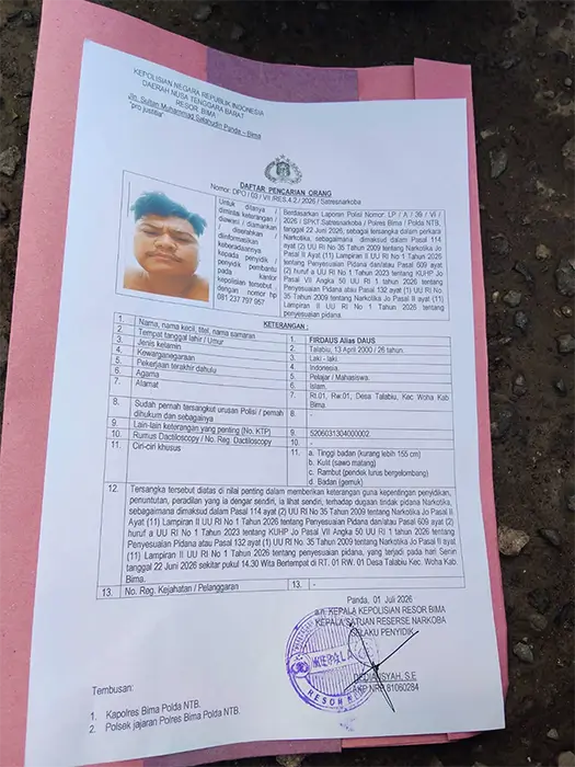 Berkas DPO Narkoba asal Talabiu Kecamatan Woha Kabupaten Bima yang hingga kini belum ditangkap aparat Polres Bima.